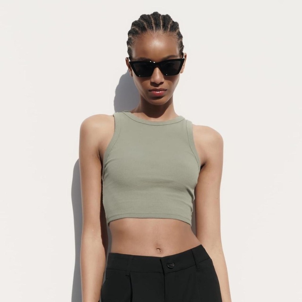 Zara Ribbed Sage Green Cropped Tank Top